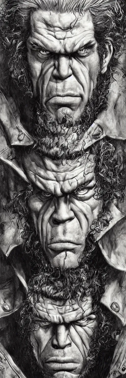 Prompt: menacing dark grim portrait of ron perlman by simion bisley and glenn fabry, close up, attitude, western