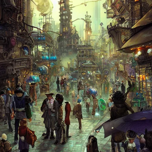 Image similar to The city of time traveler where crowd on street each carry own time travel devices, steampunk, machine, industrial, yoshitaka Amano, hiroshi yoshida, bright pastel colors