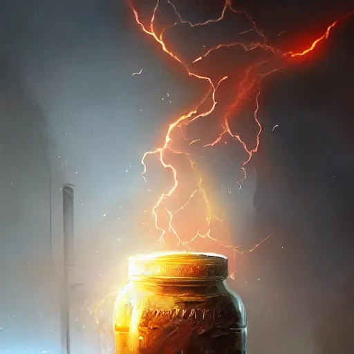 Image similar to commission of a jar with lightning in it,design by charles bowater,greg rutkowski,ross tran,hyperdetailed,hyperrealistic,4k,deviantart,artstation,professional photography,concept art,dramatic