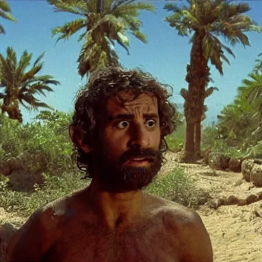 Image similar to cinematic still of hiding middle eastern skinned frightened man wearing fig leaves for clothing, paradise background, from Biblical epic by Steven Spielberg