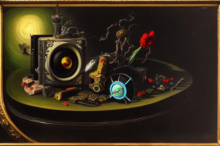 Image similar to a vanitas painting depicting an NVIDIA RTX A100 GPU, graphics card