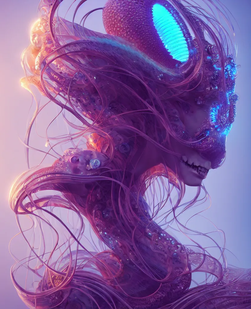 Image similar to goddess close-up portrait. chimera orchid jellyfish phoenix head, nautilus, skull, betta fish, bioluminiscent creatures, intricate artwork by Tooth Wu and wlop and beeple. octane render, trending on artstation, greg rutkowski very coherent symmetrical artwork. cinematic, hyper realism, high detail, octane render, 8k