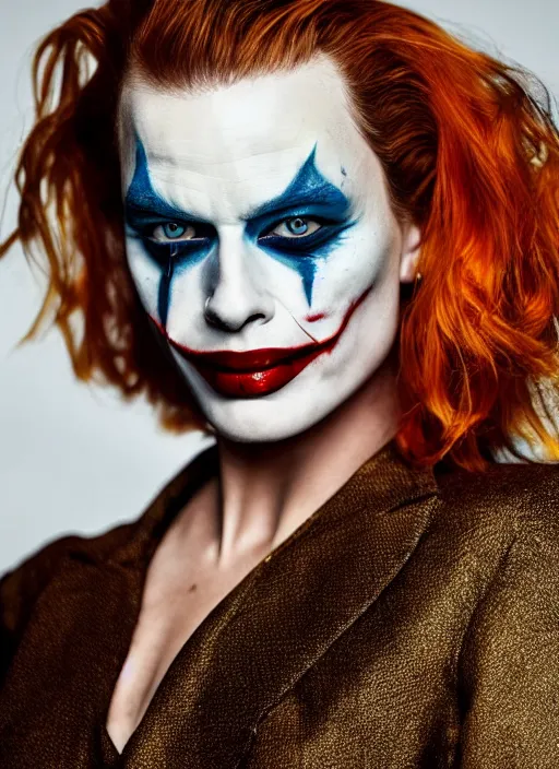 Prompt: photo of Margot Robbie as the Joker by Annie Leibovitz, head shot, detailed, award winning, Sony a7R