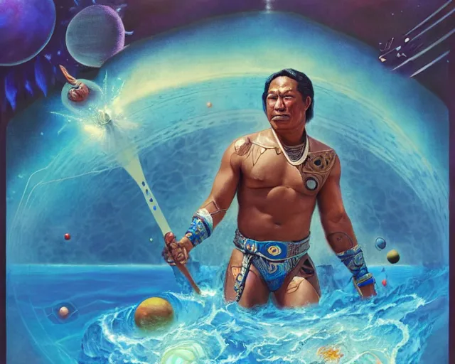 Prompt: duke kahanamoku as a hawaiian warrior surrounded by intergalactic planets connected by streams of multiversal flow, sigma male, gigachad, visually stunning, luxurious, by wlop, james jean, jakub rebelka, tran nguyen, peter mohrbacher, yoann lossel