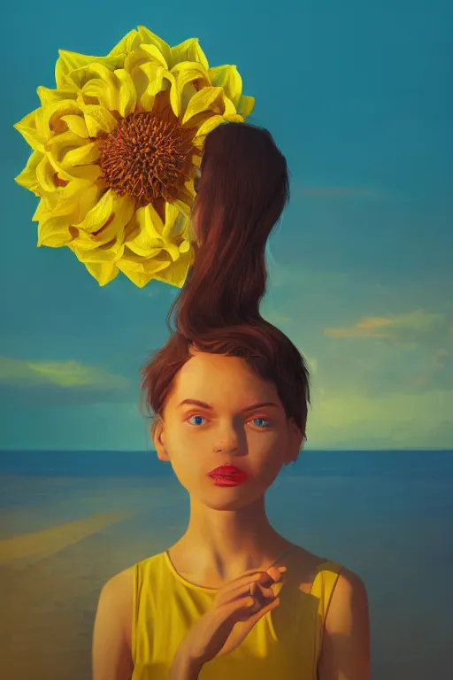 Image similar to closeup girl with huge yellow dahlia flower face, at beach, surreal photography, blue sky, sunrise, dramatic light, impressionist painting, digital painting, artstation, simon stalenhag