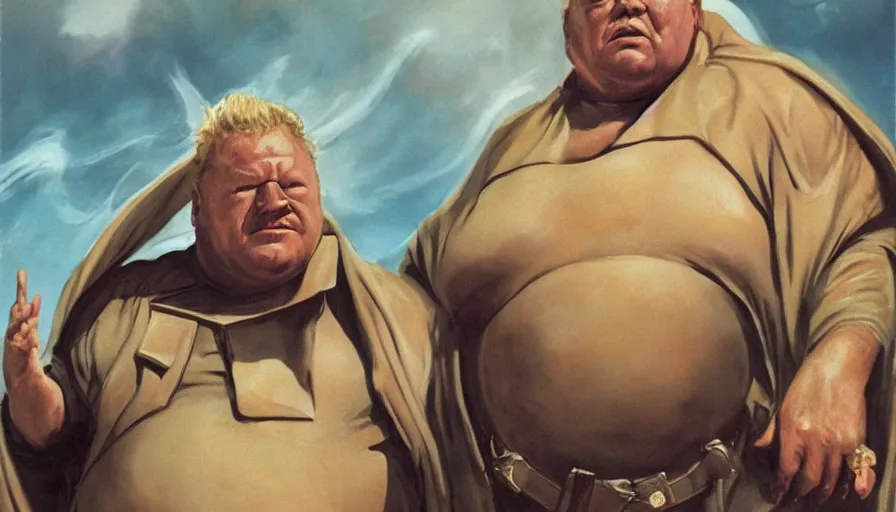 Image similar to ray winstone as baron harkonnen sitting on throne in dystopian science fiction hall in 1982 movie dune, by boris vallejo