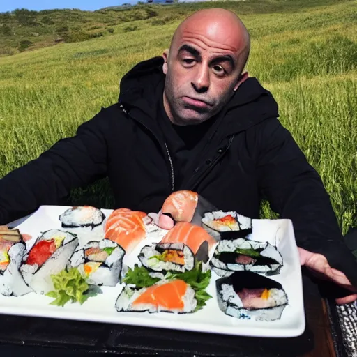 Image similar to joe rogan eating sushi on a sunny day in a field