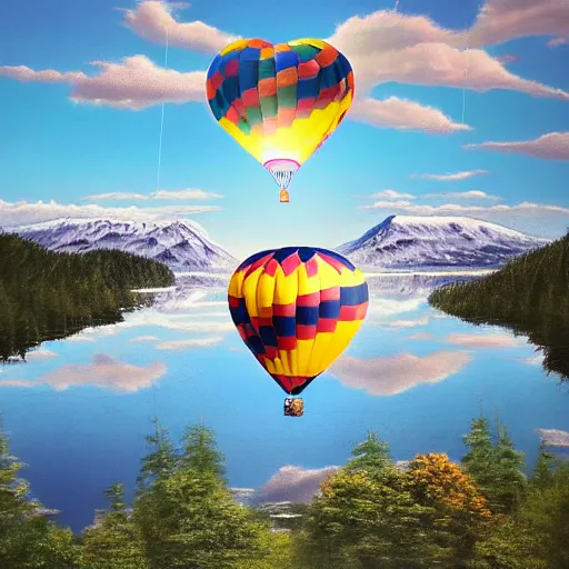 Image similar to realistic extremely detailed photo of a hot air balloon flying above a beautiful reflective mountain lake, two black swans swimming in the lake, touching heads, forming a heart with their necks, granular detail, oil on canvas, intricate, portrait, 8k highly professionally detailed, HDR, CGsociety, octane render, 4k, f32,55mm photography, wide angle