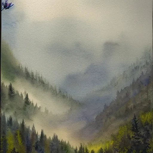 Prompt: a beautiful watercolor painting an epic appalachian wilderness at dawn, godrays, mystical, deep shadows, epic scale