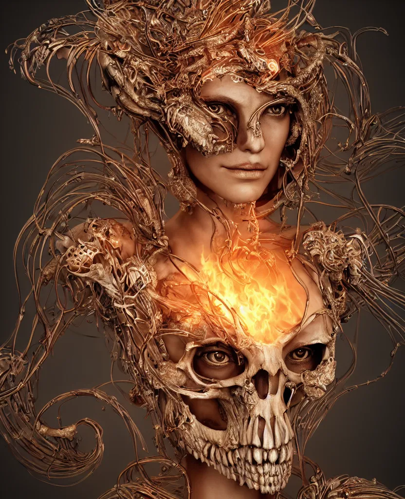 Image similar to close-up macro portrait of the face of a beautiful princess with animal skull mask and ribcage, epic angle and pose, symmetrical artwork, 3d with depth of field, blurred background, cybernetic jellyfish female face skull phoenix bird, translucent, nautilus, energy flows of water and fire. a highly detailed epic cinematic concept art CG render. made in Maya, Blender and Photoshop, octane render, excellent composition, cinematic dystopian brutalist atmosphere, dynamic dramatic cinematic lighting, aesthetic, very inspirational, arthouse. y Greg Rutkowski, Ilya Kuvshinov, WLOP, Stanley Artgerm Lau, Ruan Jia and Fenghua Zhong