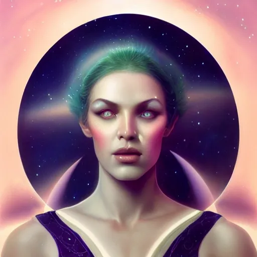 Image similar to a beautiful portrait of a cosmic goddess by Jim Burns and Tom Bagshaw, Trending on Artstation, nebula background