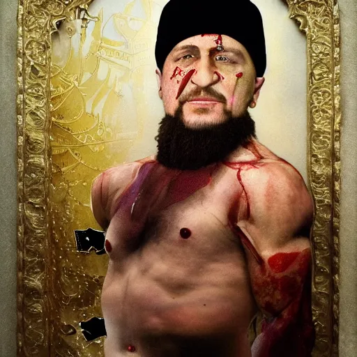 Image similar to ramzan kadyrov became bloody ugly puppet of putin, photo - realistic, color image, 2 k, highly detailed, bodyhorror, occult art