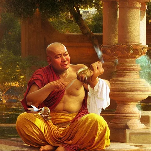 Image similar to old srilankan buddhist monk pouring liquid gold like water into buddhist monk kid head in baroque style, painting by gaston bussiere, craig mullins, j. c. leyendecker, lights, art by ernst haeckel, john william godward, hammershøi,