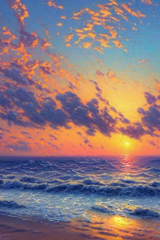 Prompt: beautiful oil painting ocean sky sunset, painted by thomas kinkade and James Gurney