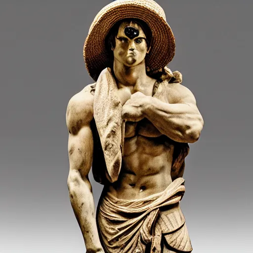 Prompt: photo of fragmented greek sculpture of Luffy using his straw hat