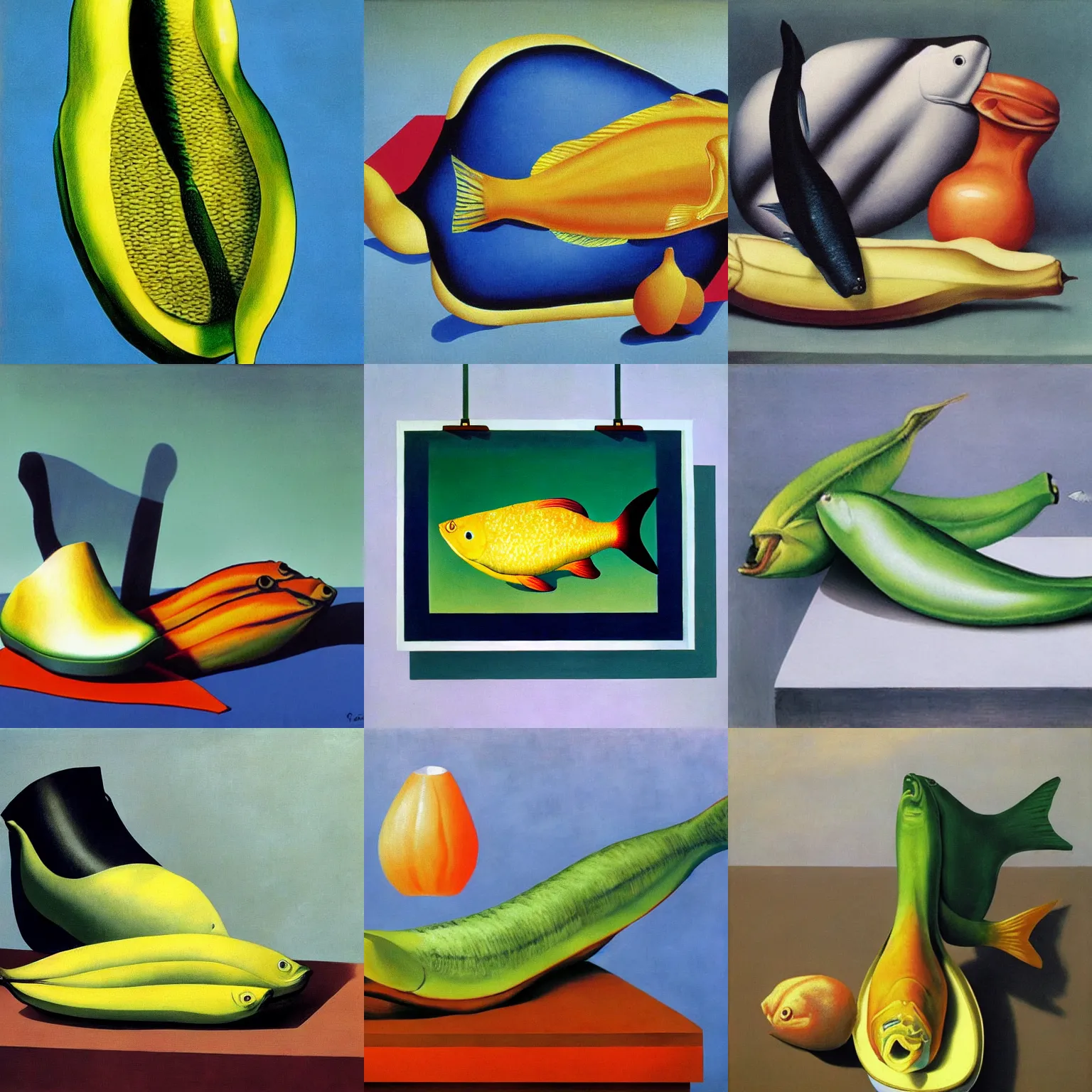 Prompt: fish, shoe, banane, painting by René Magritte