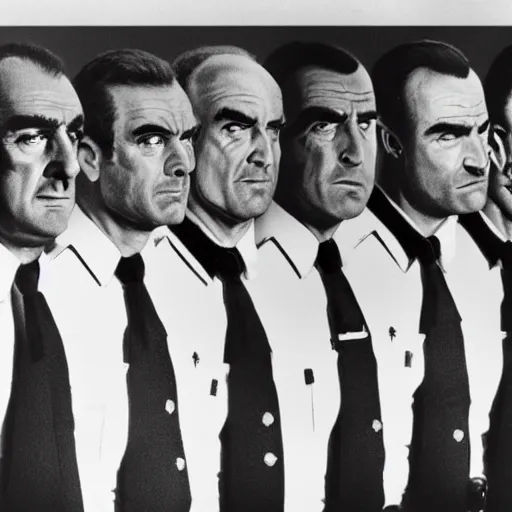 Image similar to a police lineup showing six different version ms of sean connery on a bad day