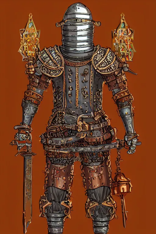 Image similar to beautiful calm bright ai generated fullbody character illustration of a medieval timetraveller highpriest in ornated wooden armor and decorated sacred outfit and heavily equipped with steampunk cyberwares. rendered by machine.delusions. inspired by: @machine.delusions on instagram. Slightly reminds to ghibli studios