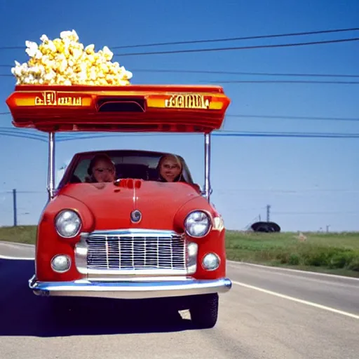 Image similar to a car with a big smile it’s bringing you some popcorn with a metal arm highway daytime photo 35mm lens