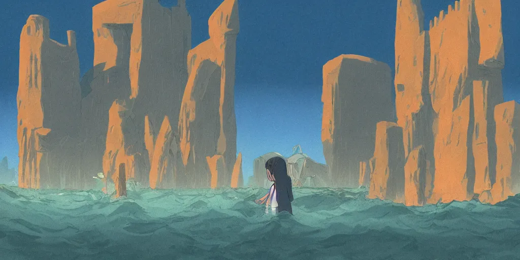 Image similar to a realistic cell - shaded studio ghibli concept art from paprika ( 2 0 0 6 ) of a tan dolphin from close encounters of the third kind ( 1 9 7 7 ) in a flooded monument valley stonehenge. very dull colors, wide shot, hd, 4 k, hq