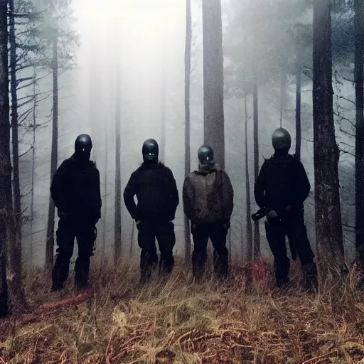 Prompt: low quality iphone photo of the payday 2 crew standing ominously deep in the foggy woods low visibility creepy, grainy, trail cam footage