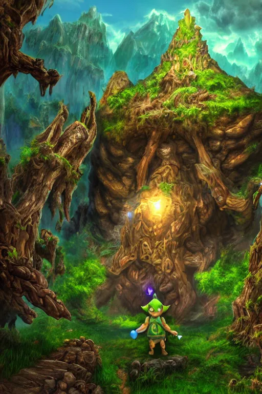 Image similar to zelda fantasy art giant golem elemental wood rock greeble gemstone enchanted forest troll, global illumination ray tracing hdr fanart arstation by sung choi and eric pfeiffer and gabriel garza and casper konefal bastion forged hardmesh lisa frank zbrush central radiating a glowing aura global illumination ray tracing hdr volume light