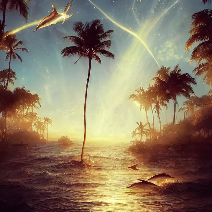 Prompt: dolphins swimming, golden hour, god rays, dreamscape by artgerm and ruan jia and ismail inceoglu and greg olsen, palm trees, cosmos, milky way galaxy, masterpiece, beautiful, intricate, elegant, highly detailed