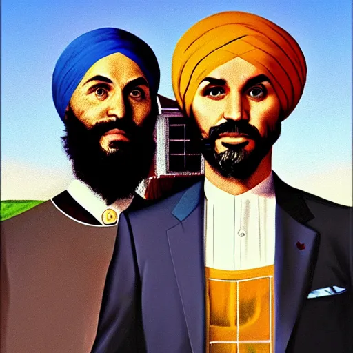 Image similar to Justin Trudeau with Jagmeet Singh in the american gothic painting, concept art, sharp focus, highly detailed digital painting by Grant Wood, artstation