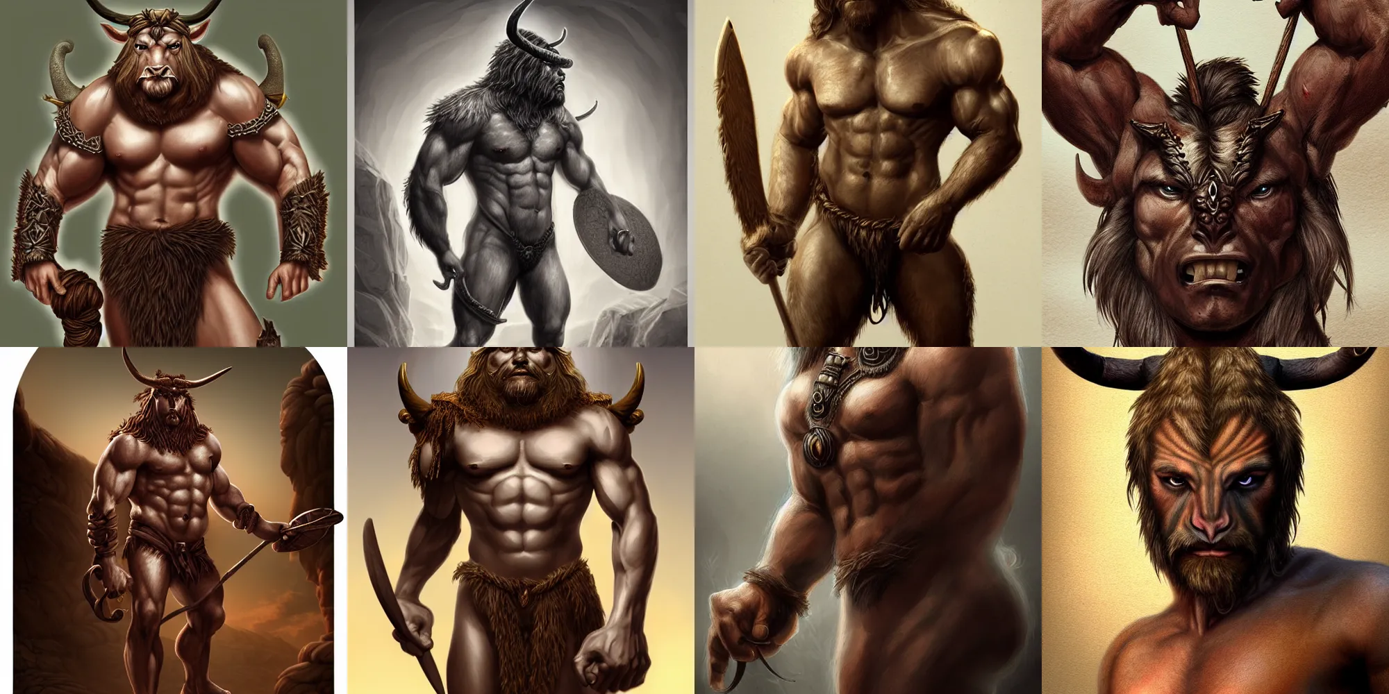 Prompt: portrait of a minotaur warrior, muscular, upper body, hairy torso, D&D, fantasy, intricate, elegant, highly detailed, digital painting, artstation, concept art, matte, sharp focus, illustration