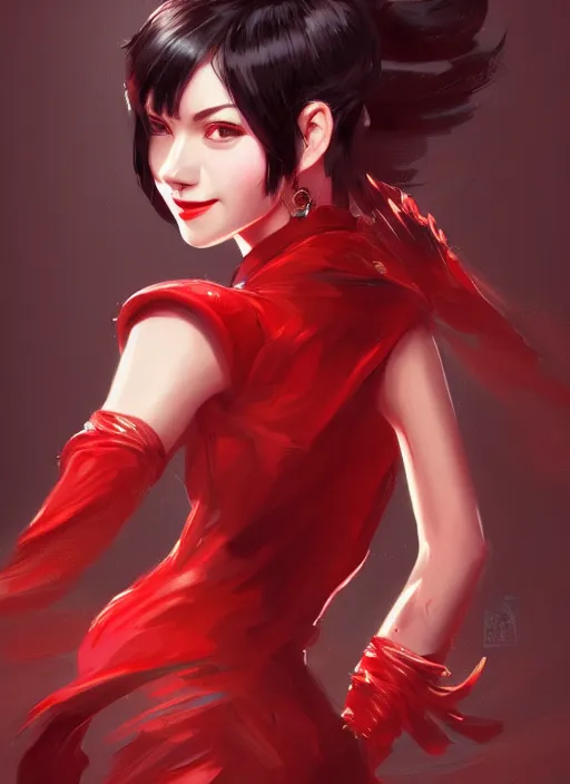 Prompt: a highly detailed illustration of hime cut black haired woman wearing red dress, dramatic smiling pose, perfect face, perfect body, intricate, elegant, highly detailed, centered, digital painting, artstation, concept art, smooth, sharp focus, league of legends concept art, wlop