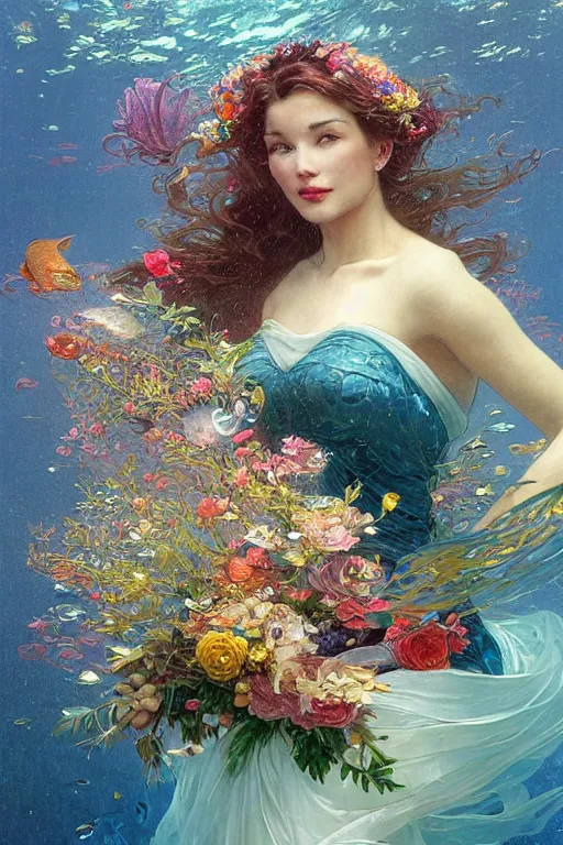 Image similar to portrait of a beautiful mysterious woman holding a bouquet of flowing flowers, small bubbles from her mouth, hands hidden under the bouquet, submerged underwater filled with colorful small fish and coral reef, fantasy, regal, intricate, by stanley artgerm lau, greg rutkowski, thomas kindkade, alphonse mucha, loish, norman rockwell