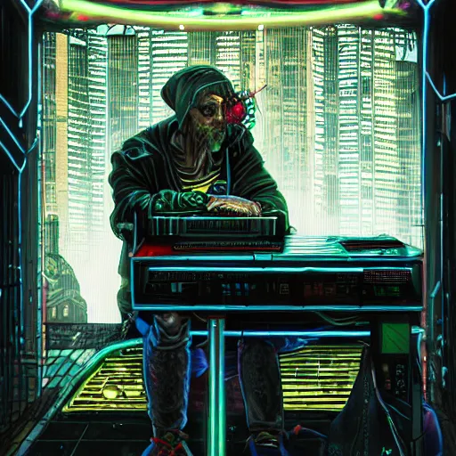 Prompt: cyberpunk goth homeless man cyborg on cyberpunk computer at cyberpunk farmers market by william barlowe and pascal blanche and tom bagshaw and elsa beskow and enki bilal and franklin booth, neon rainbow vivid colors smooth, liquid, curves, very fine high detail 3 5 mm lens photo 8 k resolution