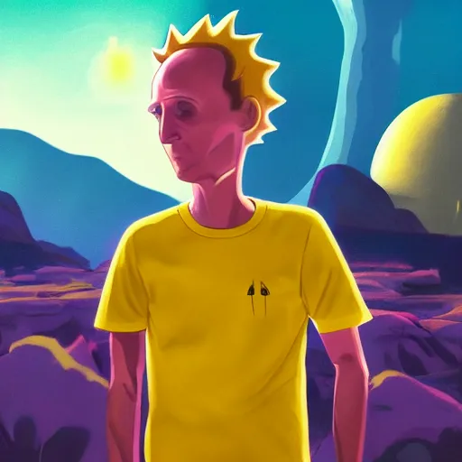 Image similar to portrait of real life morty smith wearing yellow t - shirt. photo realism. dramatic lighting. alien planet background. 4 k