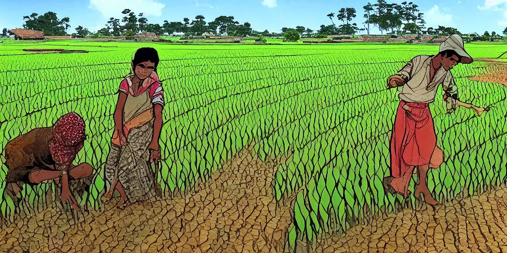 Image similar to sri lankan paddy field farmer, drawn by hayao miyazaki