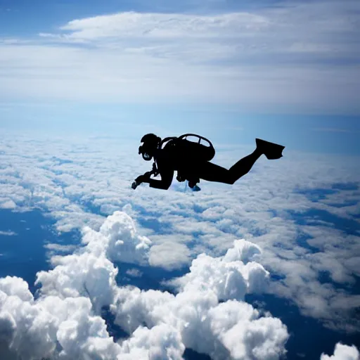 Prompt: a scubadiver flying in the sky above the clouds