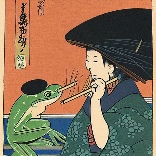 Prompt: a frog with a rice hat on smoking a cigarette, ukiyo - e