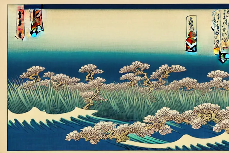 Prompt: a masterful ukiyo - e print of beautiful irises in a scenic environment by katsushika hokusai, van gogh and utagawa hiroshige, masterpiece, hyperdetailed!!, intricate!!, complex!!, 4 k