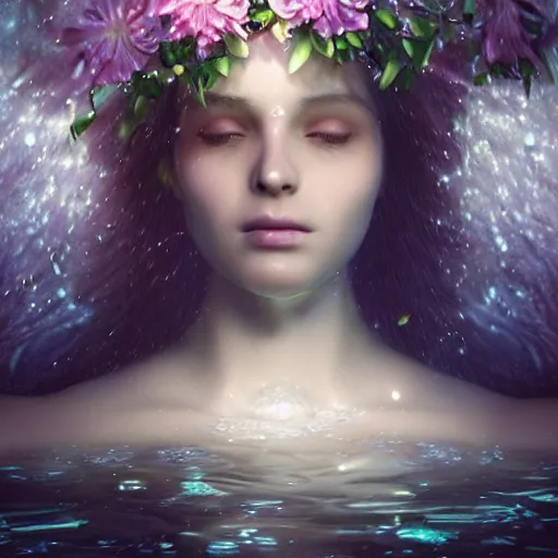 Prompt: ultra realistic 3 d render of a gorgeous goddess made of water and blooming flowers rising out of the water dripping by charlie bowater and farid ghanbari, beautiful, bioluminescent, ethereal, waterfall, intricate, elegant