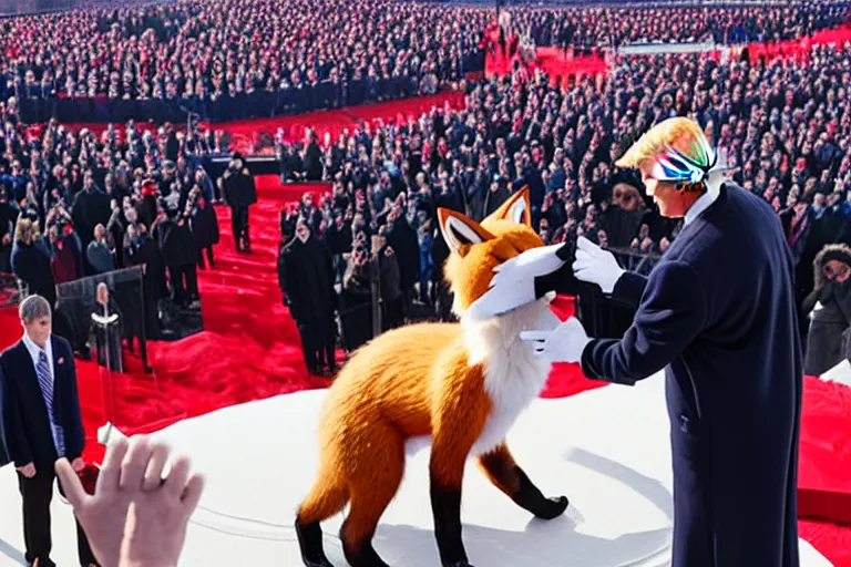 Image similar to photo of the usa presidential inauguration, a fox fursuiter being inaugurated as president