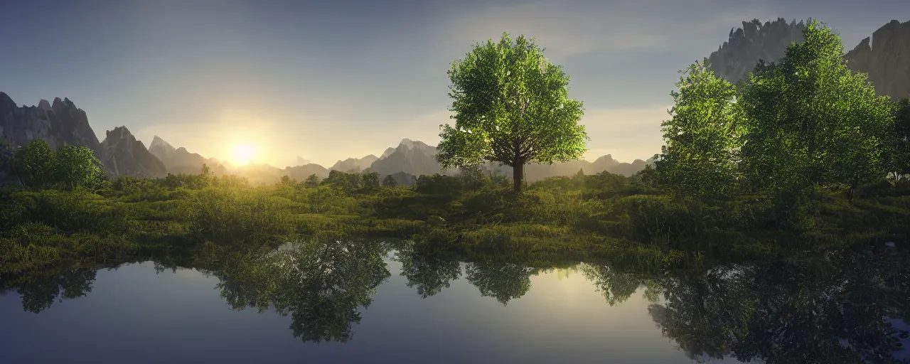 Prompt: big realistic tree near to a river on sunset with reflection on the leaves and mountains in the background, landscape, extremely high fidelity, 8 k, super resolution, concept art, cinematic view, super resolution, unreal engine 5, perspective 3 d octane render, 8 k, light rays, lens flare, epic, hyperdetailed