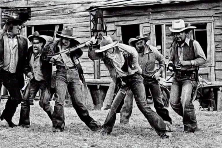 Prompt: minion cowboy saloon shootout, 3 5 mm scene from a western, 1 9 6 6