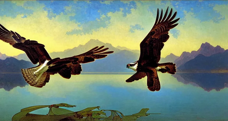 Prompt: an osprey in flight over a spectacular mountain lake at golden hour. art nouveau. surrealism. by albert bierstadt, alphonse mucha and julie dillon.
