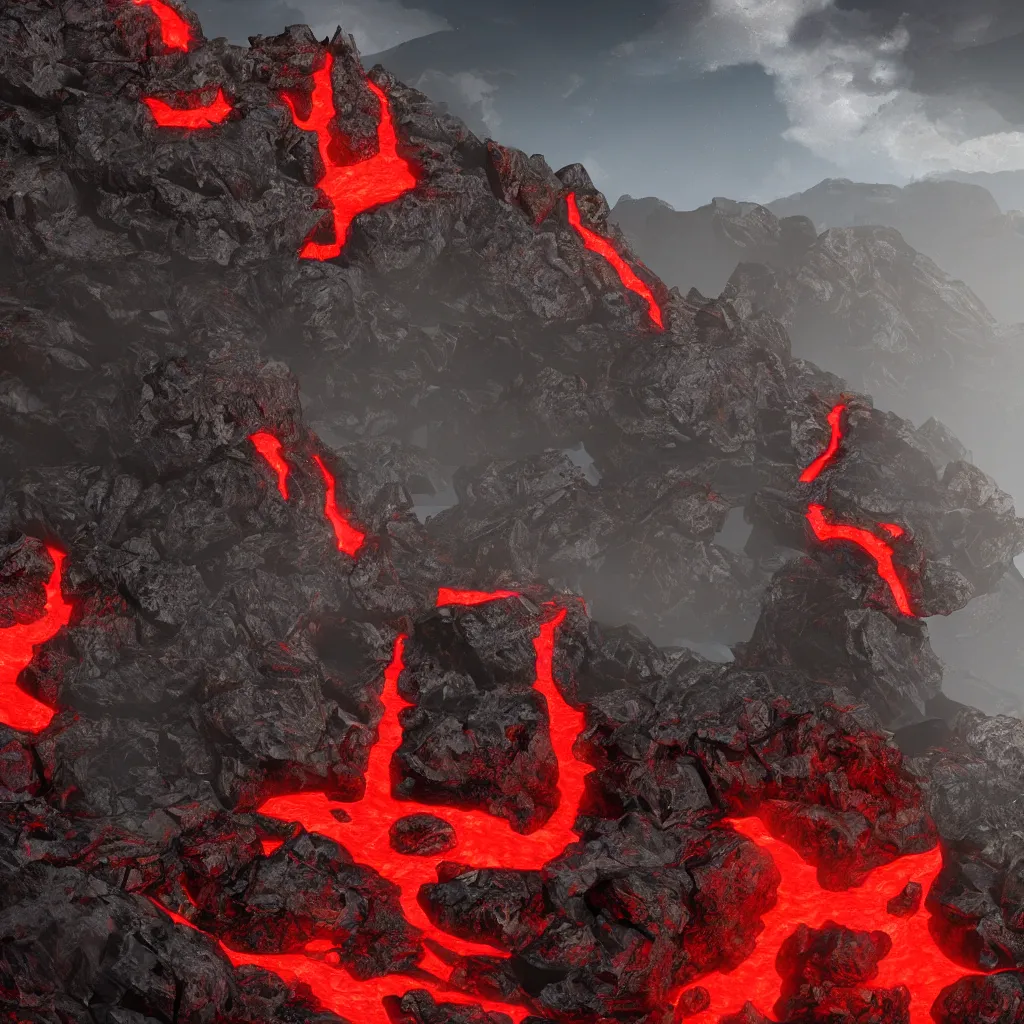 Image similar to satanic mountain goats with glowing red eyes on a sheer obsidian cliffside with lavaflow, lava waterfalls, photorealistic landscape render, octane render, vray, beautiful, ambient occlusion, particle effects, light bloom, rtx