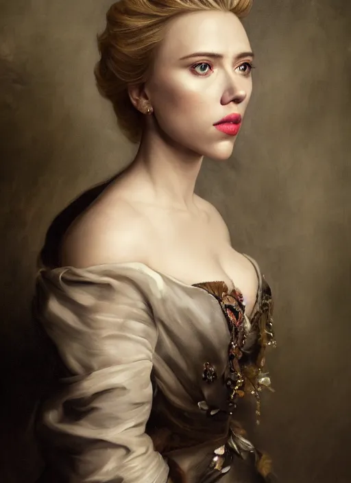 Prompt: Beautiful elsa, Scarlett Johansson,, Dramatic, Edge, Good, Infused, Backlight, De-Noise, VFX, insanely detailed and intricate, hypermaximalist, facial ,elegant, ornate, hyper realistic, super detailed, by Anthony Van Dyck, by Ivan Shishkin, by John Constable