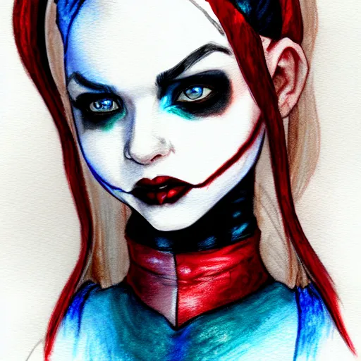 Prompt: harley quinn as an adorable vampire fairy, 8 k resolution watercolor pencil drawing, cinematic lighting, deviantart artstation