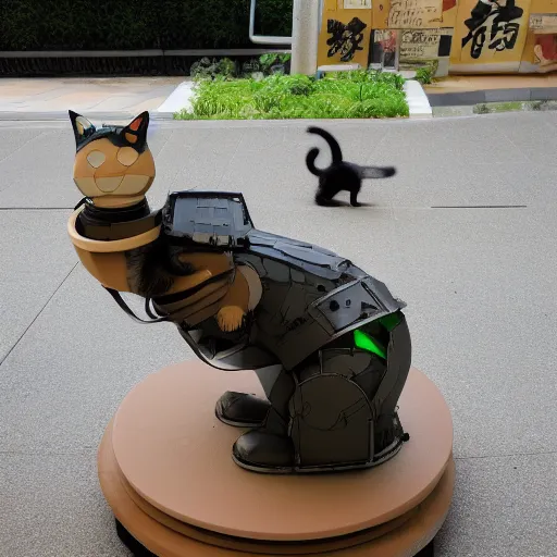 Image similar to a cat sitting on top of a robot suit, a statue by Studio Ghibli, featured on reddit, mingei, made of cardboard, sci-fi, futuristic