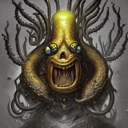 Image similar to portrait of SpongeBob as a large Lovecraftian monster, fantasy, intricate, elegant, highly detailed, digital painting, artstation, concept art, smooth, sharp focus, illustration, art by artgerm and greg rutkowski