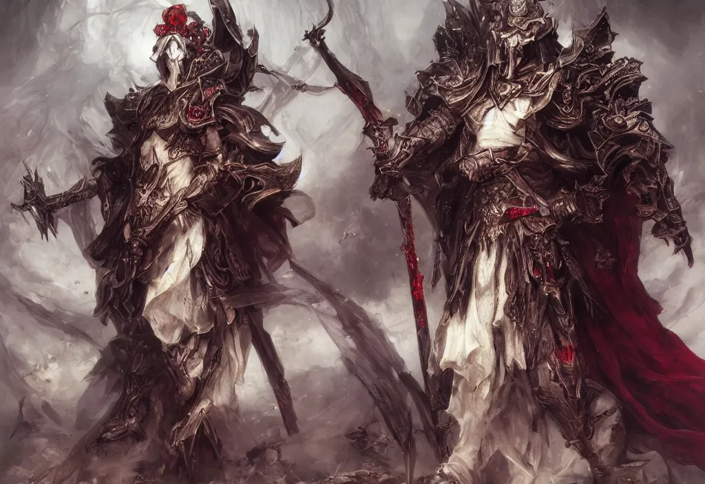 Prompt: breathtaking detailed painting of a white grim reaper with a big headpiece, by ayami kojima, ruan jia and brom, armor made of ruby and amethyst, pale twilight stained glass, amalgamation of embers, 8 k, concept art, matte, sharp focus, rembrandt style