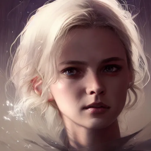 Image similar to a portrait of a beautiful hopeful lady with pretty eyes, beautiful eyes, beautiful eyes, beautiful eyes, highly detailed eyes, looking up, looking up, light smiling, art of wlop and greg rutkowski, intricate, high details, eyes, epic fantasy art, cgsociety, trending on artstation, bright light masterpiece, ray of light through white hair