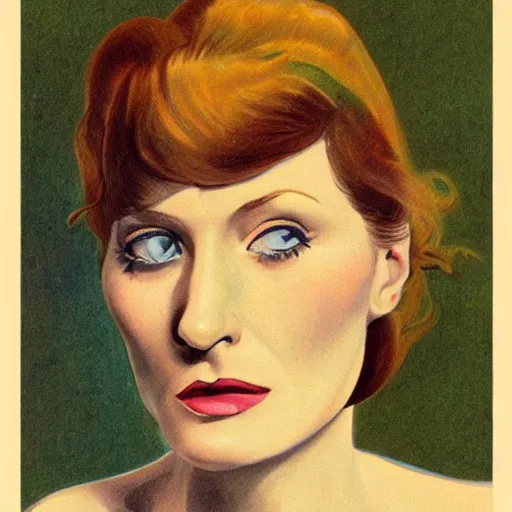 Image similar to “Florence Welch portrait, color vintage magazine illustration 1950”